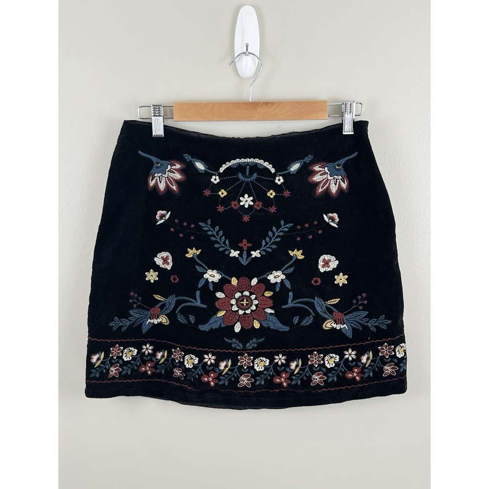 Embroidered Mini Skirt Western Boho Corduroy‎ Bohemian Festival Lg Black